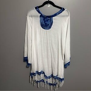 Kindred Women’s Plus Cover Up Blouse Top Sheer White Blue 1x Crochet Fringe